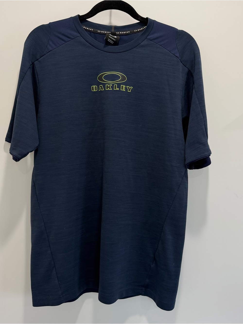 Oakley Navy Short Sleeve Logo Performance Tee with Lime Accent